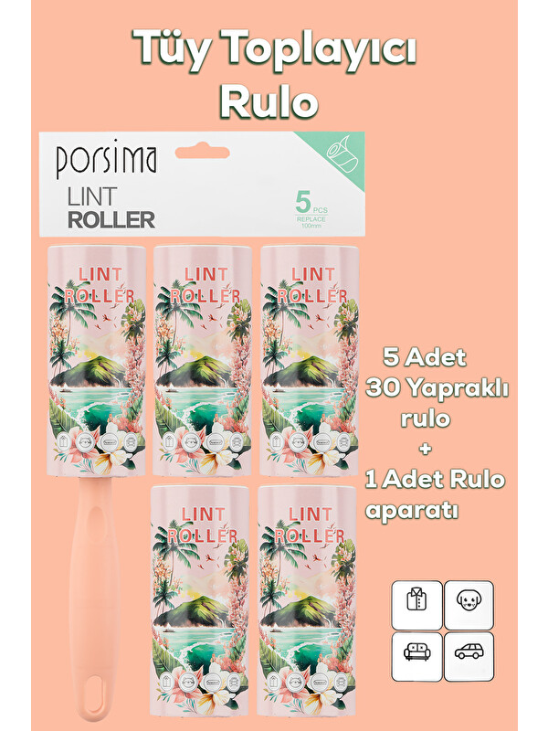 Porsima 3106 Kedi Köpek Tüy Toplayıcı Rulo + 4 Adet Yedek Rulo Somon
