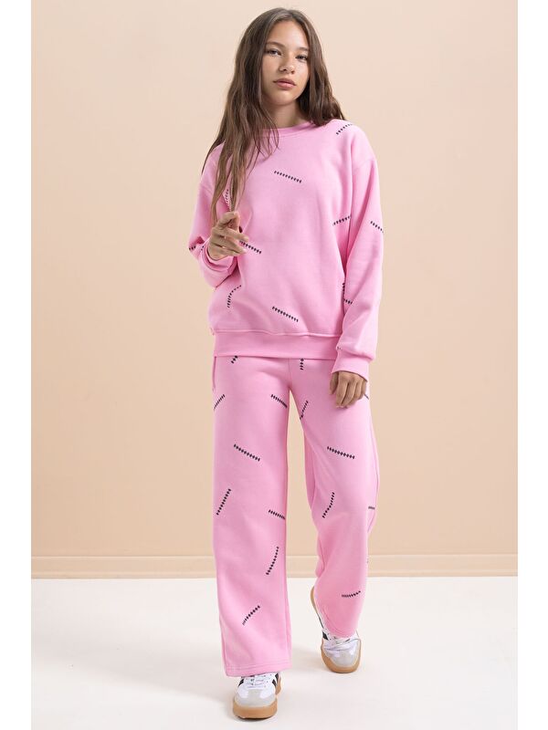 Cansın Mini Pembe Kız Çocuk Desenli 3 İplik Şardonlu Geniş Paça Eşofman Takımı 22643