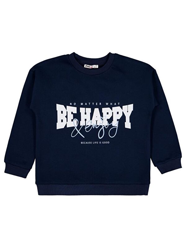 Civil Girls Be Happy Baskılı 6-9 Yaş Sweatshirt - Lacivert 7-8 Yaş