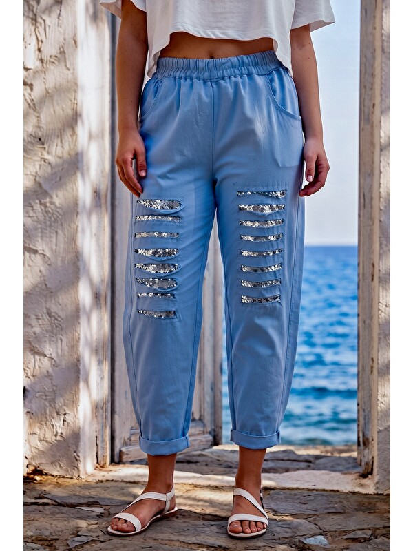 Chiccy İtalyan Mavi Cepli Pul Payetli Lastikli Bel Dar Paça Casual Dokuma Pantolon 95 65