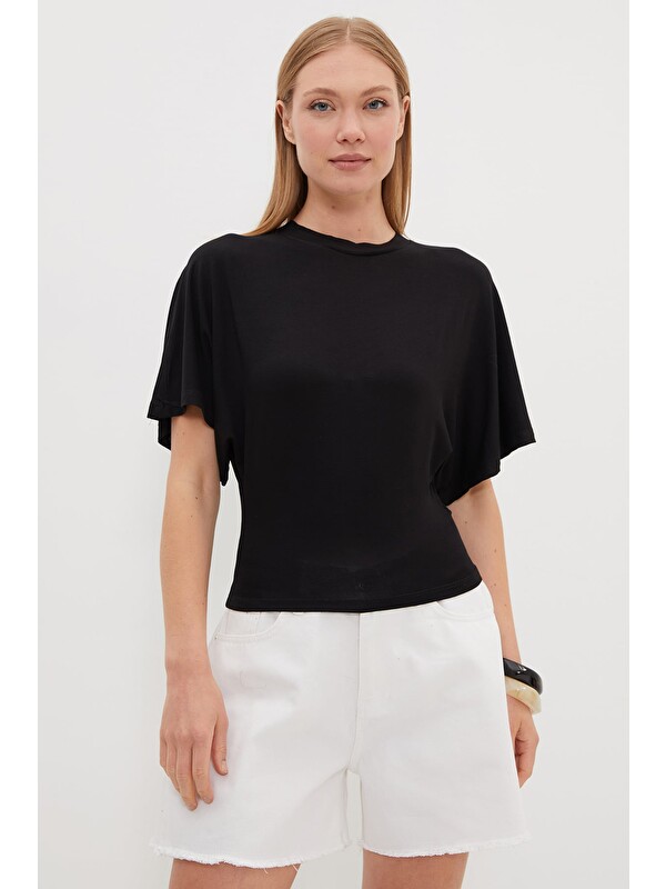Fullamoda Yarasa Kol Bisiklet Yaka Crop Bluz