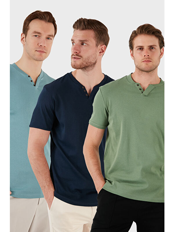 Buratti Pamuklu Düğme Detaylı Slim Fit V Yaka 3'lü Paket %100 Pamuk Tişört 5902122S3