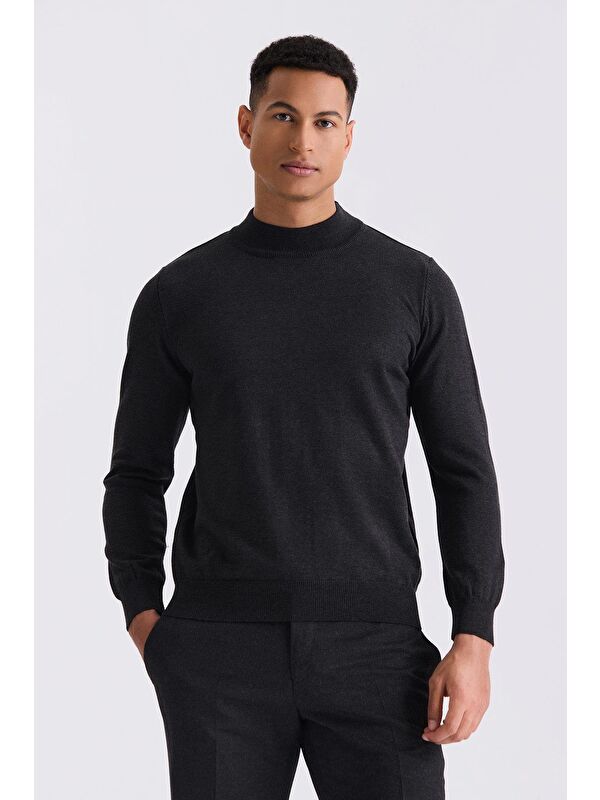 JAKAMEN Antrasit Slim Fit Yarım Balıkçı Triko Kazak