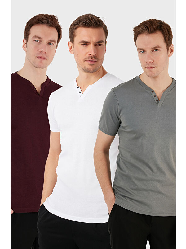 Buratti Pamuklu Düğme Detaylı Slim Fit V Yaka 3'lü Paket %100 Pamuk Tişört 5902122S3