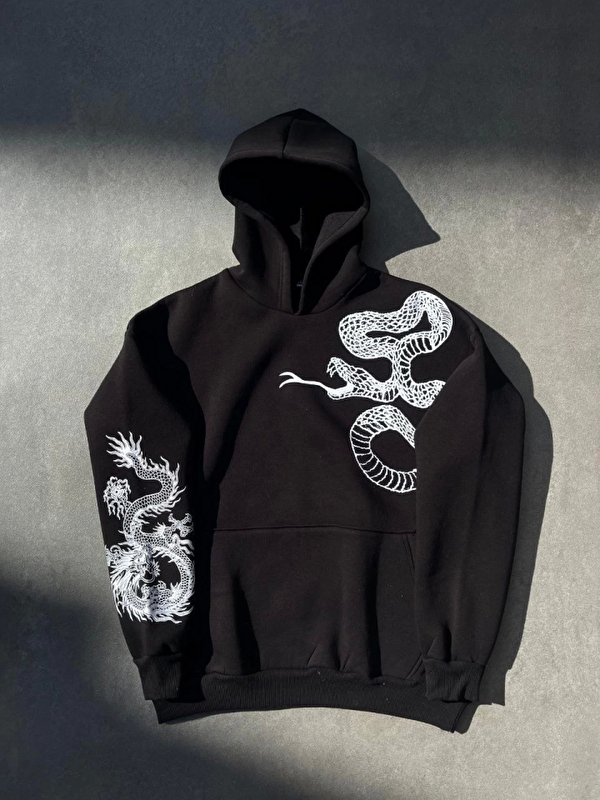 Jane's Uzun Kol Kapüşonlu Baskılı SweatShirt - Siyah