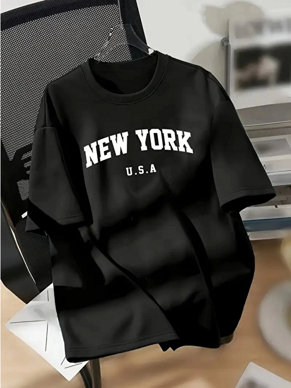 Jane's New York Baskılı Oversize Bisiklet Yaka T-shirt - Siyah