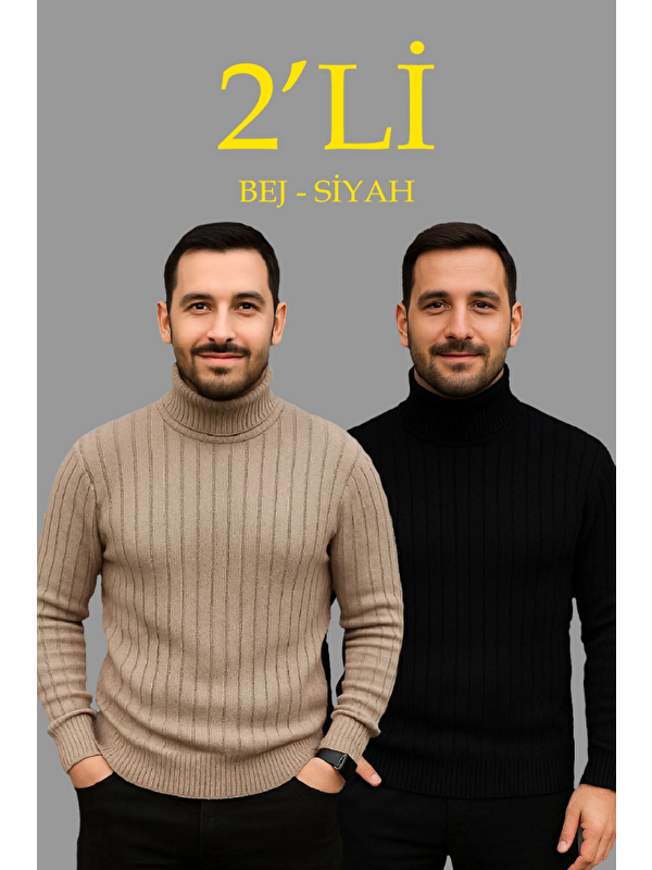 Jane's Erkek Fitilli Triko Kazak 2li Set Bej Siyah Regular Balıkcı Yaka Tam Boğazlı Triko Seti Modeli Kazak