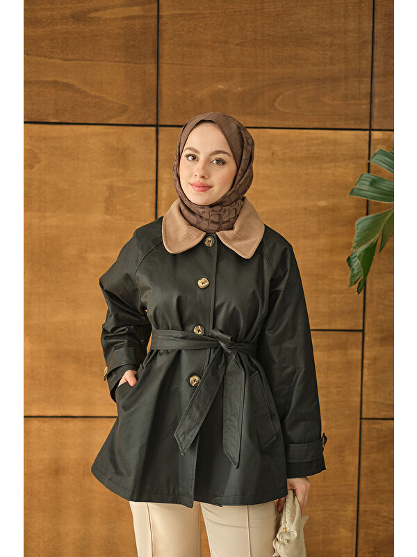 Locco Moda Kadın Yakası Kadife Trenç Zümrüt Yeşil