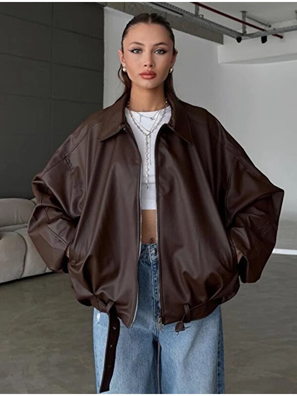 ginger love Kadın Siyah Oversize Suni Deri Bomber Ceket – Fermuarlı Mont