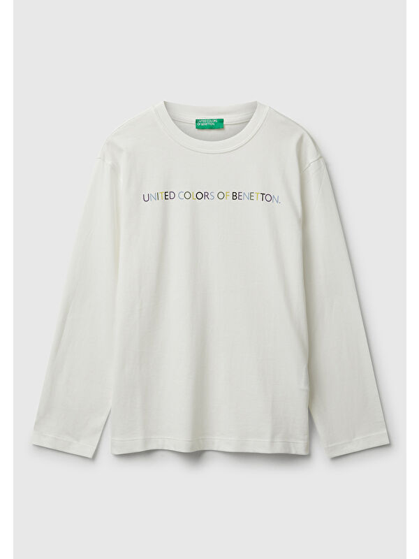 United Colors Of Benetton Erkek Çocuk Ekru Önü Logo Baskılı Bisiklet Yaka Jarse Uzun Kollu T-shirt