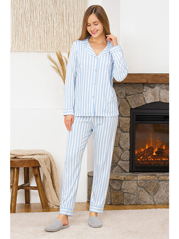 Remsa Kadın Çizgili Desen Suprem Pijama Takımı 0492 Mavi01