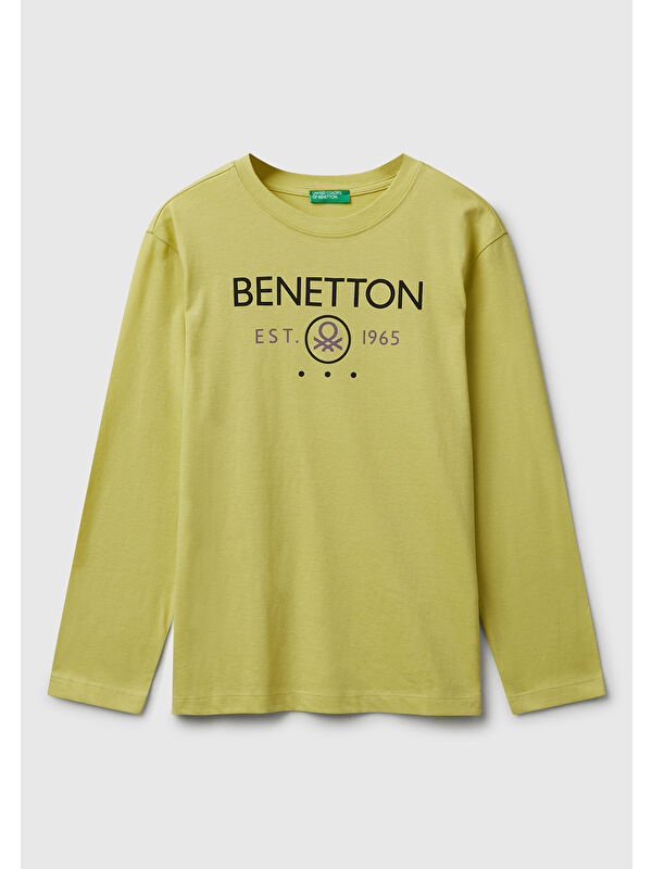 United Colors Of Benetton Erkek Çocuk Hardal Önü Logo Baskılı Bisiklet Yaka Jarse Uzun Kollu T-shirt