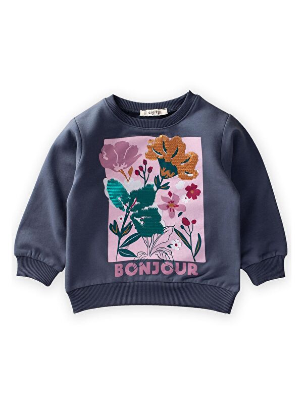CİGİT Çiçek Basdkılı Pullu Sweatshirt 1-10 Yaş Lacivert