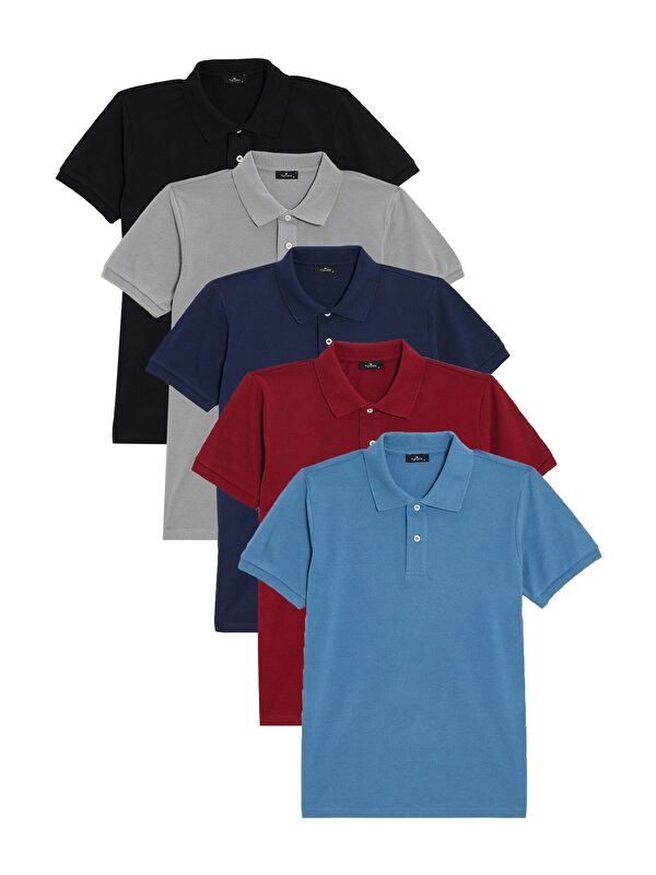 TUDORS Erkek 5'li Paket Siyah-Gri-Lacivert-Mavi-Bordo Slim Fit Dar Kesim Pamuklu Düz Pike Polo Yaka Tişört