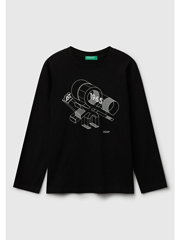 United Colors Of Benetton Erkek Çocuk Siyah Önü Logo Baskılı Bisiklet Yaka Jarse Uzun Kollu T-shirt