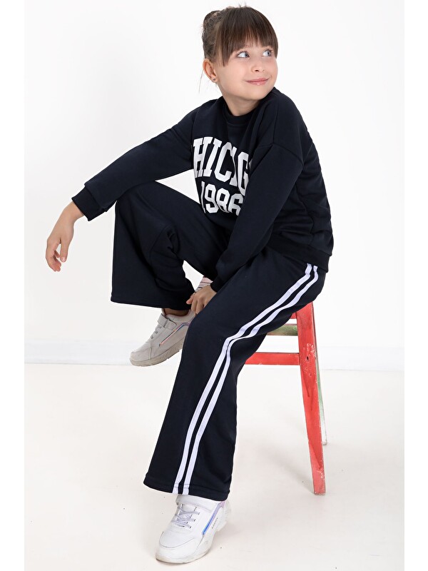 Cansın Mini Lacivert Chicago Baskılı Kız Çocuk Şeritli Eşofman Takımı 22728