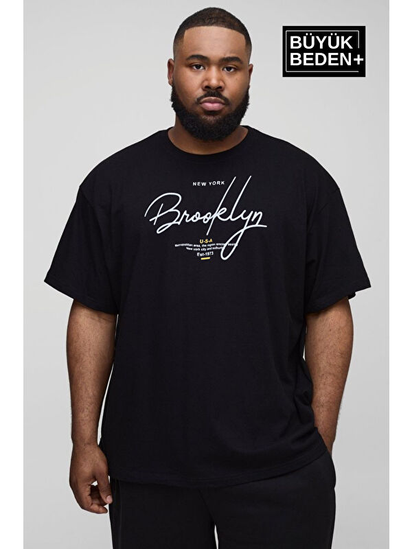 Süperlife El Yazılı Brooklyn Baskılı Bisiklet Yaka Büyük Beden Tişört SPR25BTS12