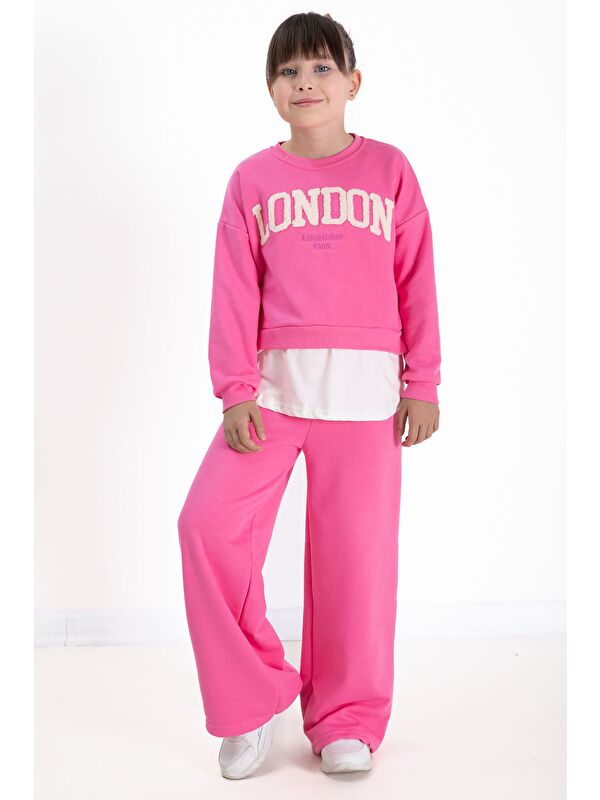 Cansın Mini Pembe London Yazılı Nakışlı Kız Çocuk Geniş Paça Eşofman Takımı 22724