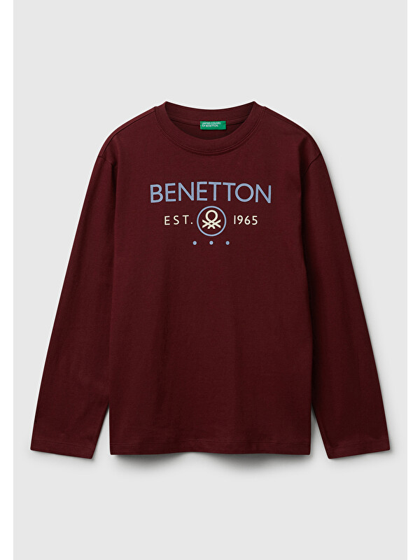 United Colors Of Benetton Erkek Çocuk Bordo Önü Logo Baskılı Bisiklet Yaka Jarse Uzun Kollu T-shirt