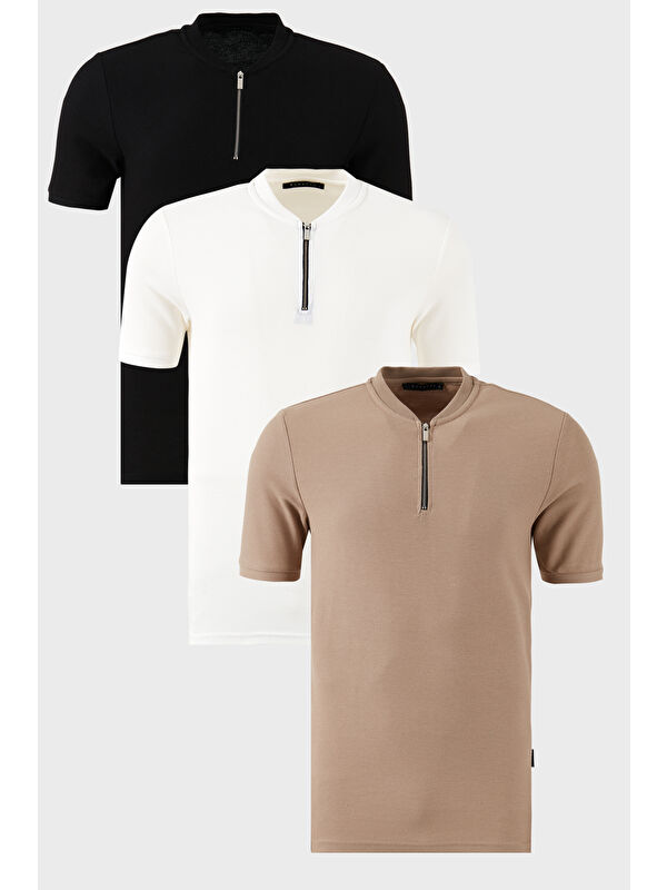 Buratti Pamuklu Regular Fit Yarım Fermuarlı Kolej Yaka 3'lü Paket Tişört 5902653S3