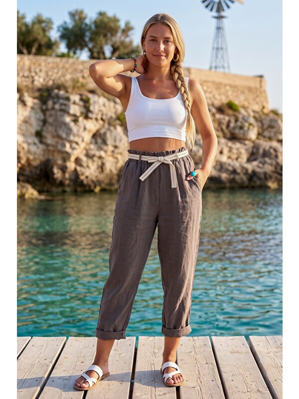 Chiccy İtalyan Vizon Cepli Kemerli Lastikli Bel Şalvar Paça Casual 100% Keten Dokuma Pantolon 85 60
