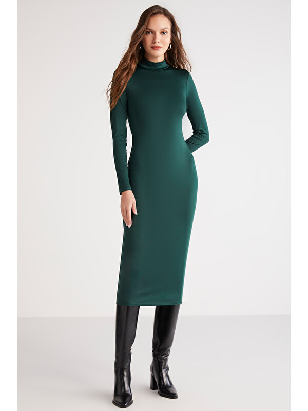 ETHIQUET KATJA Kadın Vücudu Tamamen Saran Slim Fit Dar Kesim Dik Yaka Midi Boy YEŞİL Elbise