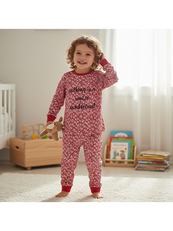 Bonbon Çocuk Çiçek Baskılı Vişne Renk 2'Li Takım Cb1058
