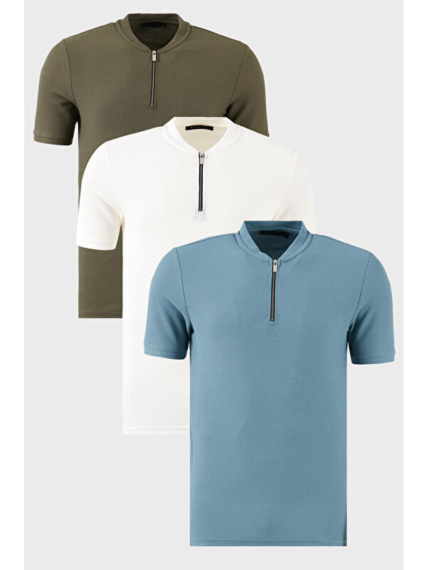 Buratti Pamuklu Regular Fit Yarım Fermuarlı Kolej Yaka 3'lü Paket Tişört 5902653S3