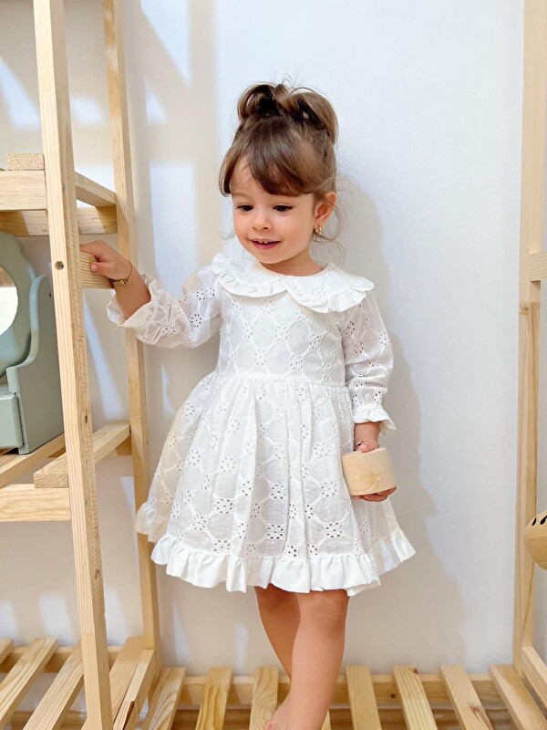 PENU BABY KİDS Beyaz Fistolu Bebe Yaka Uzun Kol Kız Bebek Elbise