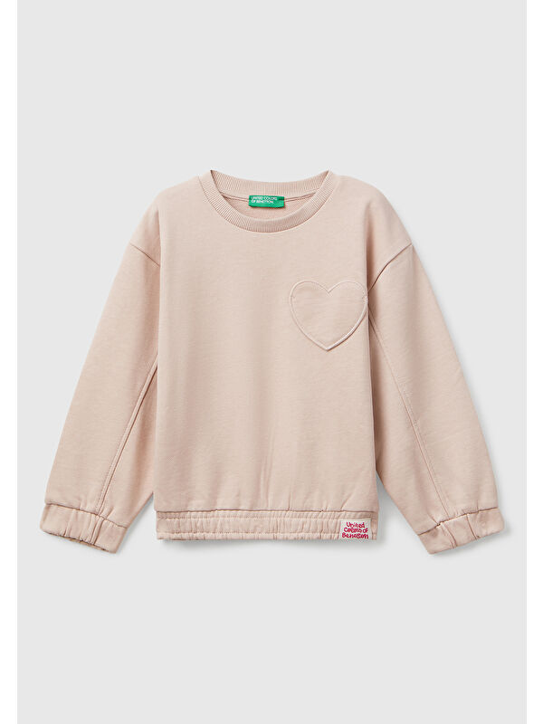 United Colors Of Benetton Kız Çocuk Toz Pembe Dikiş Detaylı Kalpli Yama Cepli Regular Fit Sweatshirt