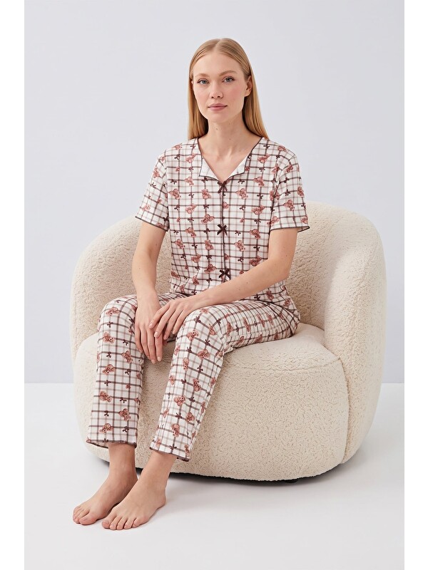 Fullamoda Ekose Ayıcık Desenli Kısa Kol Pijama Takımı
