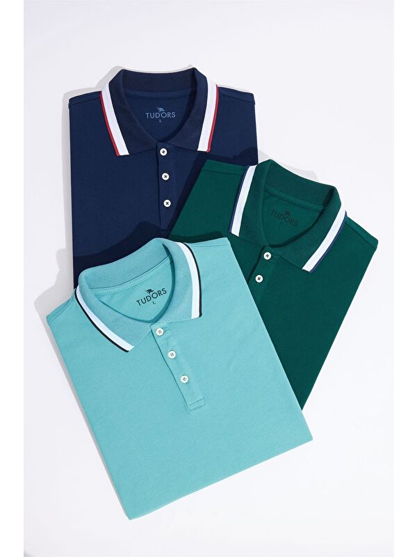 TUDORS Erkek 3'lü Paket Lacivert-Turkuaz-Yeşil-Slim Fit Dar Kesim Pamuklu Düz Pike Polo Yaka Tişört
