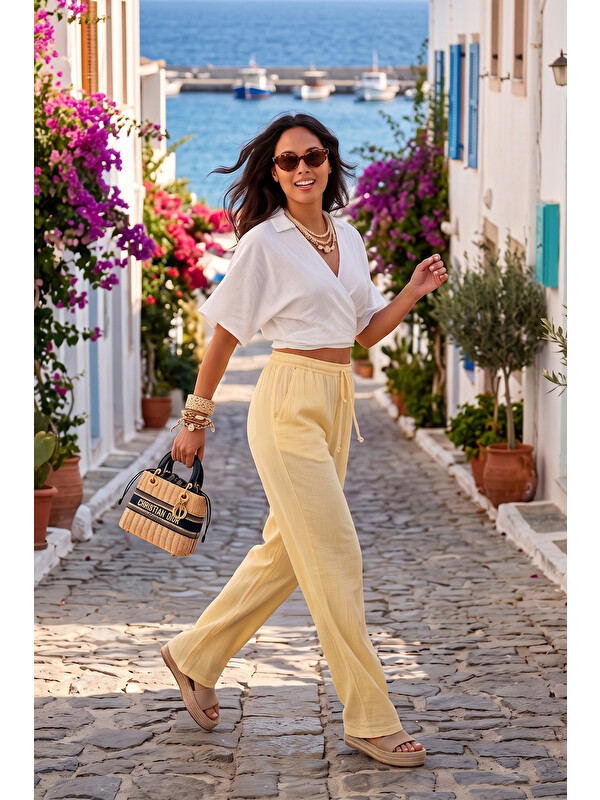 Lela Pamuklu Bağlamalı Relaxed Fit Yüksek Bel Geniş Paça Kadın Müslim Pantolon 5866663