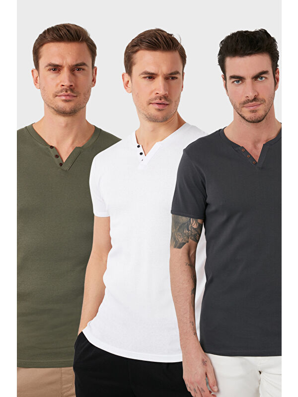 Buratti Pamuklu Düğme Detaylı Slim Fit V Yaka 3'lü Paket %100 Pamuk Tişört 5902122S3