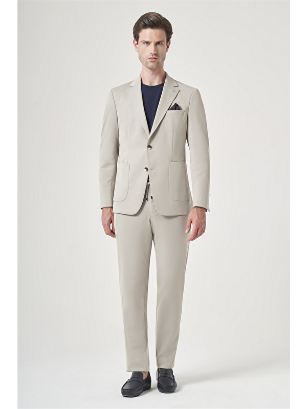 İMZA Bej Mono Yaka 6 Drop Slim Fit Esnek Beli Lastikli Takım Elbise 1001260165