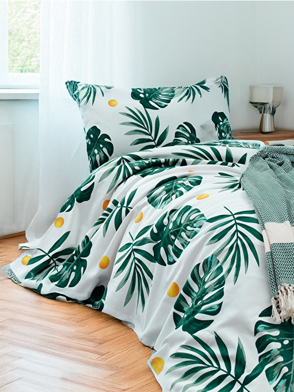 UPSTYLE Doğal Pike Baskılı  140x230cm Monstera Yeşil