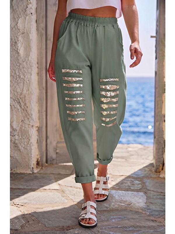 Chiccy İtalyan Haki Cepli Pul Payetli Lastikli Bel Dar Paça Casual Dokuma Pantolon 95 65