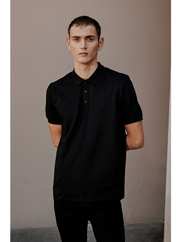 AC&Co / Altınyıldız Classics Erkek Siyah-Siyah Pamuklu Slim Fit Dar Kesim Polo Yaka Tişört