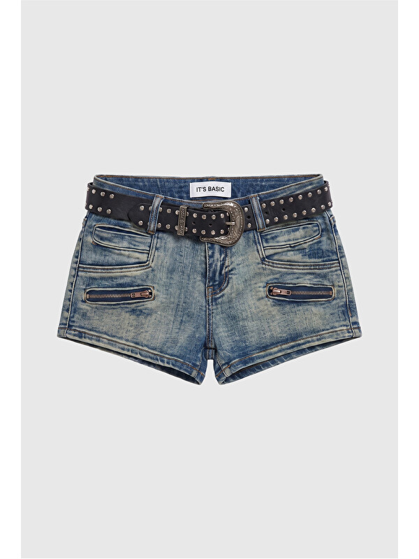 It's Basic Kadın Jean Rengi Mini Kemer Dahil Özel Tasarım Denim Şort