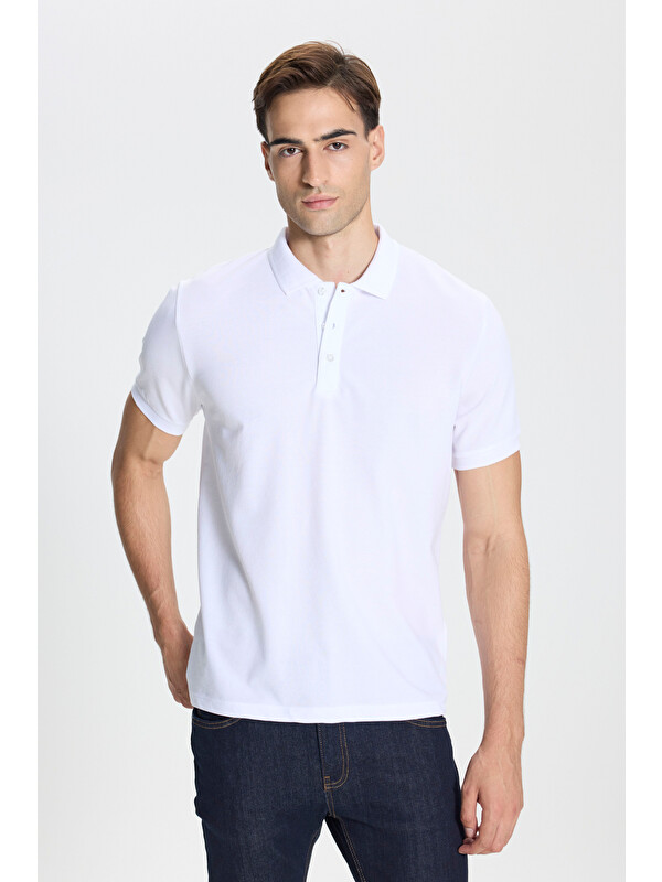 AC&Co / Altınyıldız Classics Erkek Beyaz-Beyaz Pamuklu Slim Fit Dar Kesim Polo Yaka Tişört