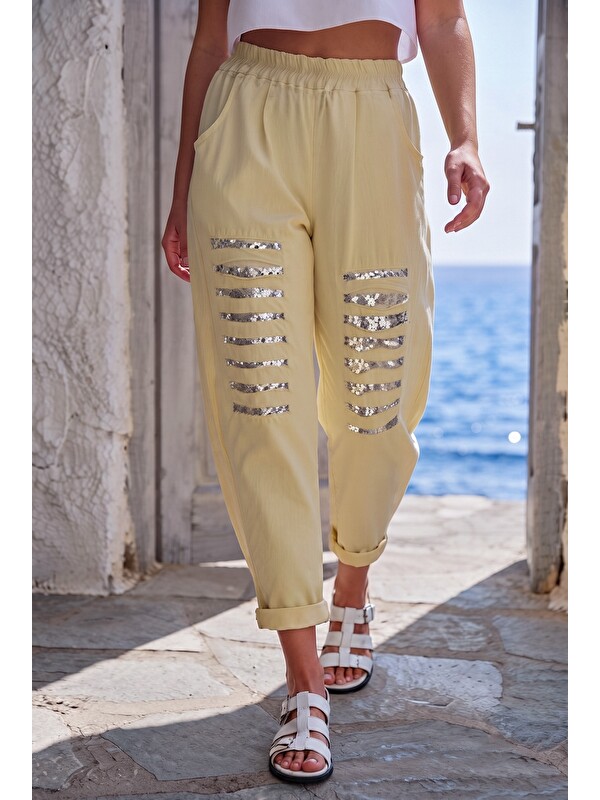 Chiccy İtalyan Açık Limon Cepli Pul Payetli Lastikli Bel Dar Paça Casual Dokuma Pantolon 95 65