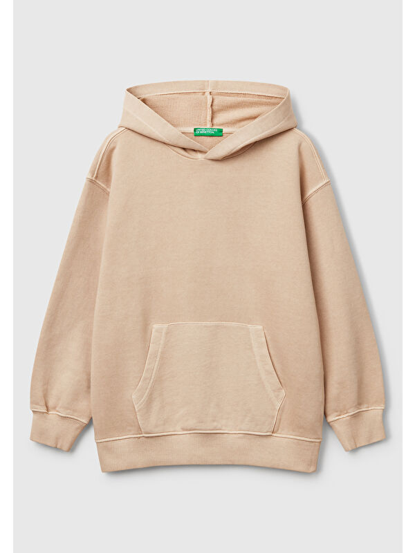 United Colors Of Benetton Erkek Çocuk Bej Baskılı Soluk Efektli Kese Cepli Kapüşonlu Sweatshirt