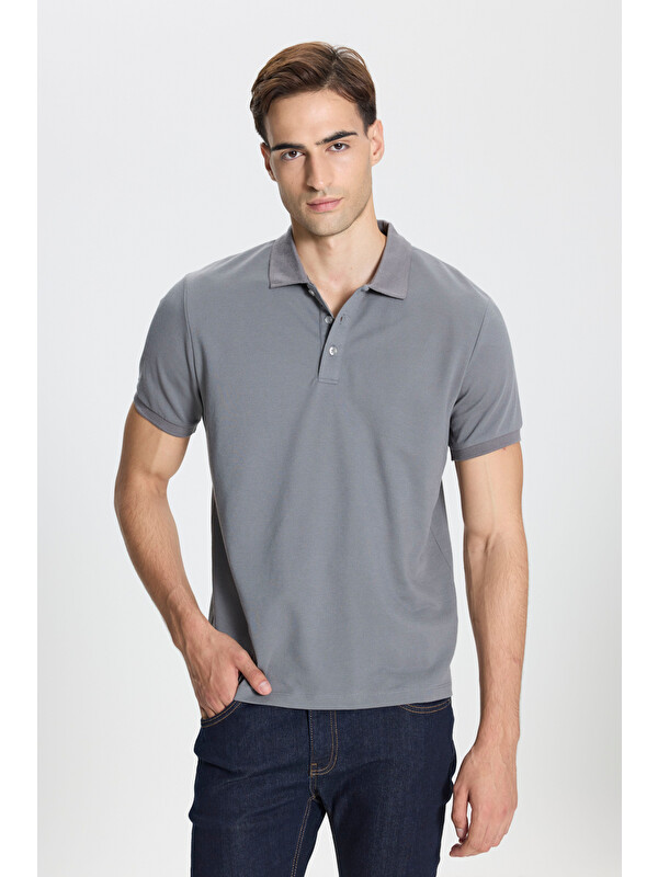 AC&Co / Altınyıldız Classics Erkek GRI-GRI Pamuklu Slim Fit Dar Kesim Polo Yaka Tişört