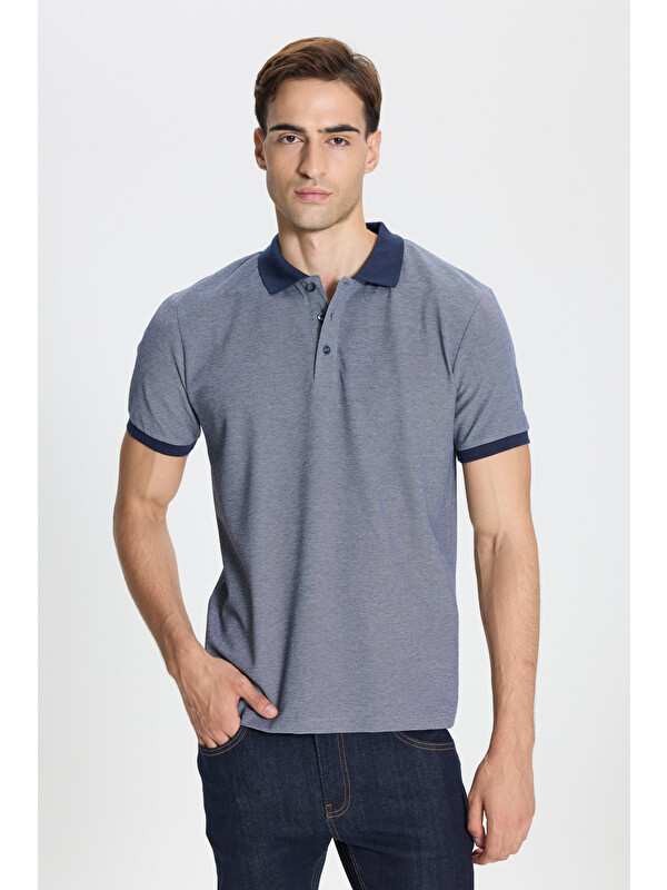 AC&Co / Altınyıldız Classics Erkek Lacivert-Beyaz Pamuklu Slim Fit Dar Kesim Polo Yaka Tişört