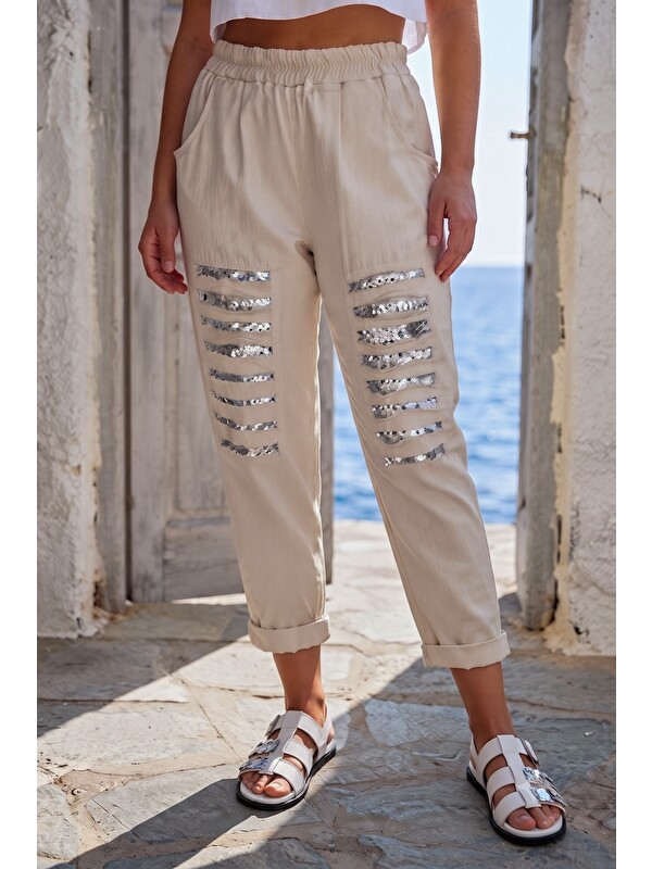 Chiccy İtalyan Bej Cepli Pul Payetli Lastikli Bel Dar Paça Casual Dokuma Pantolon 95 65