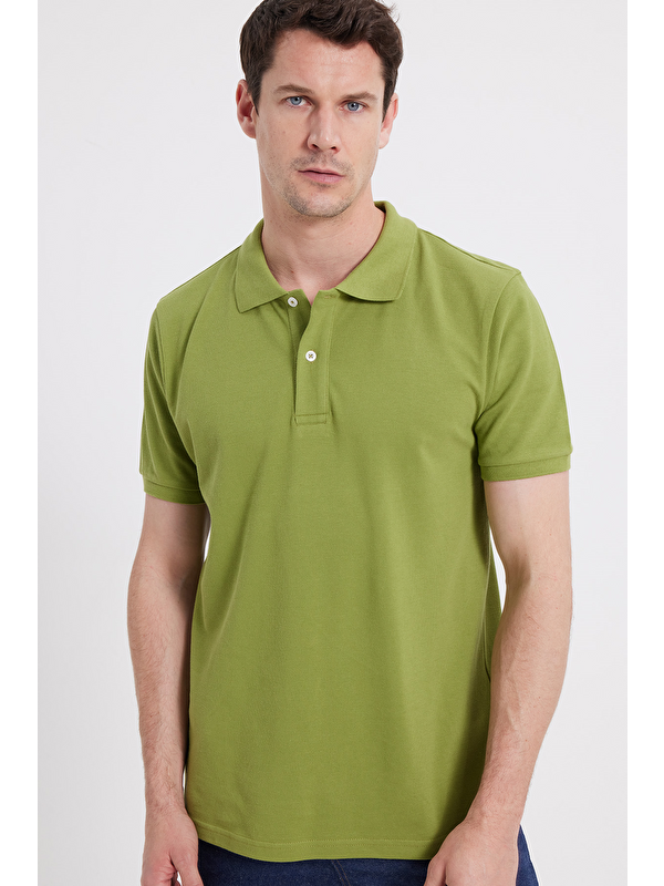 TUDORS Erkek Slim Fit Dar Kesim %100 Pamuk Kısa Kollu Polo Yaka Yeşil Tişört