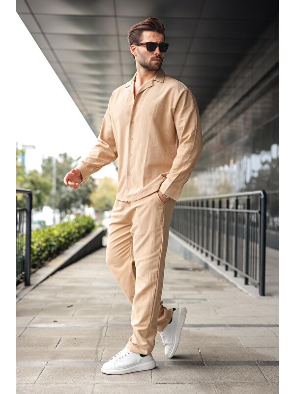 Madmext Bej Düğmeli Basic Erkek Gömlek Pantolon Takım E7335
