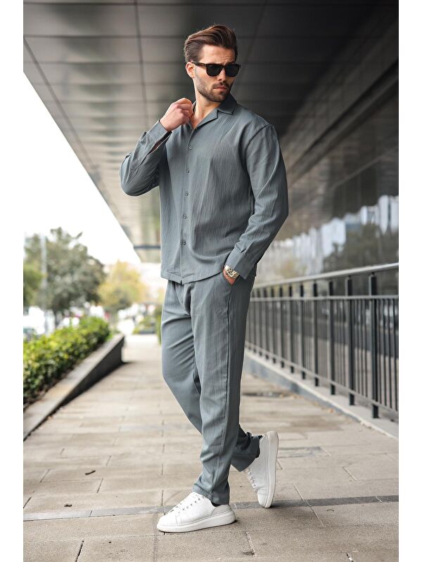 Madmext Füme Düğmeli Basic Erkek Gömlek Pantolon Takım E7335