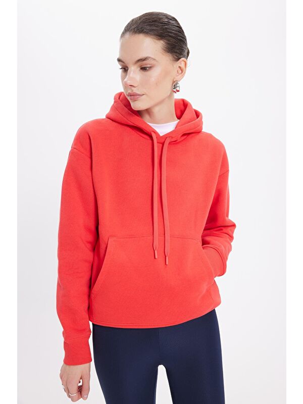 TUDORS Kadın Oversize Geniş Kesim Pamuklu Yumuşak Dokulu İçi Polarlı Basic Nar Renk Kapüşonlu Sweatshirt