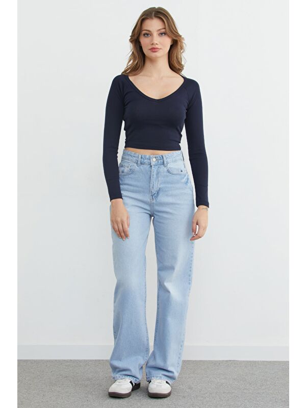 Fullamoda V Yaka Uzun Kol Crop Bluz